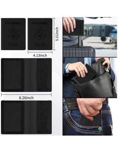 2 Fundas de Pasaporte de Cuero PU Unisex Negro Compactas