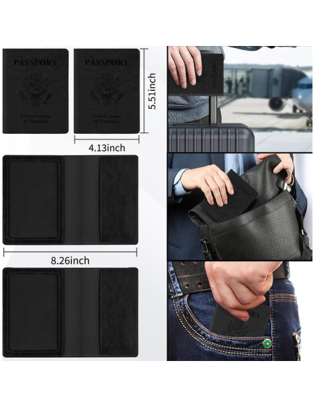 2 Fundas de Pasaporte de Cuero PU Unisex Negro Compactas