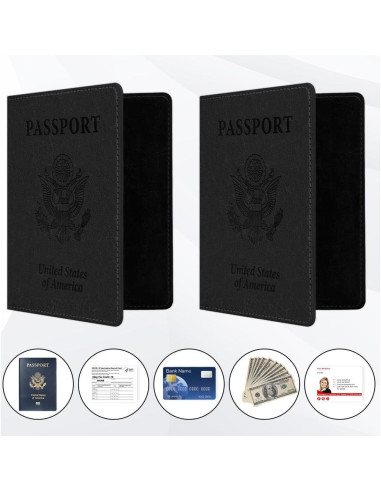 2 Fundas de Pasaporte de Cuero PU Unisex Negro Compactas