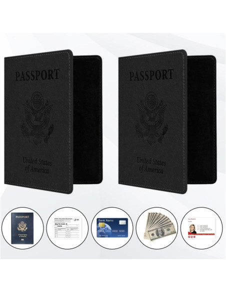 2 Fundas de Pasaporte de Cuero PU Unisex Negro Compactas