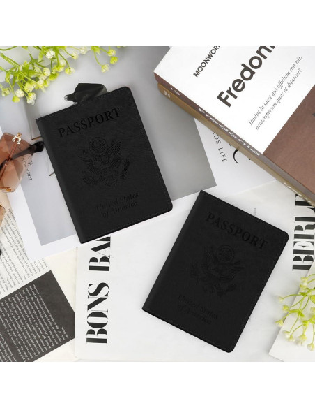 2 Fundas de Pasaporte de Cuero PU Unisex Negro Compactas