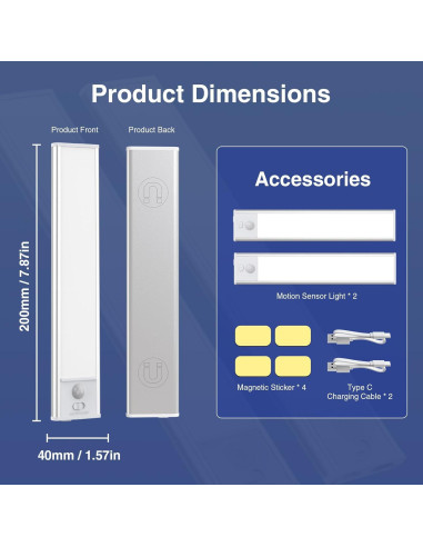 Iluminación Bajo Gabinete Onforu 34 LED Recargable 20.32cm