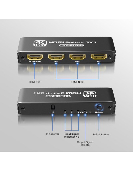 Interruptor HDMI 3 en 1 NEWCARE 4K@60Hz Control Remoto