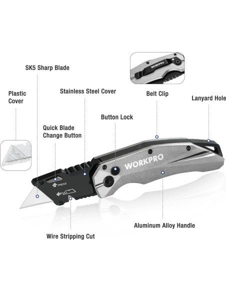 Cuchillo Utilitario Plegable WORKPRO, Metal, 17.5cm, 150g