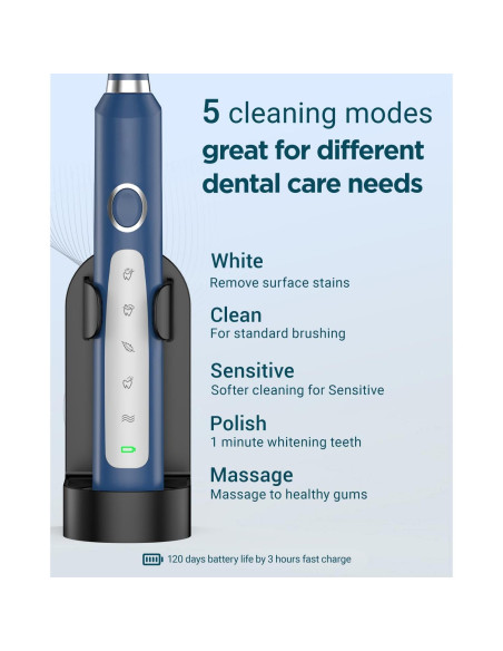 Cepillo de Dientes Eléctrico Sonic Rtauys HK01518 - 41,000 Vibraciones, 8 Cabezas, Azul