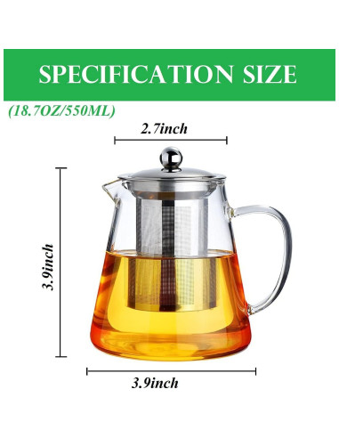 Tetera de vidrio Newraturner 550ML con infusor acero inoxidable