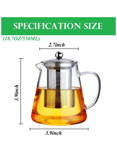 Tetera de vidrio Newraturner 550ML con infusor acero inoxidable