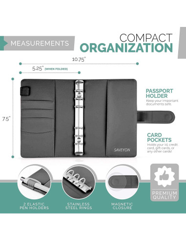 Carpeta de Presupuesto A6 Saveyon Negra con 12 Sobres Transparentes
