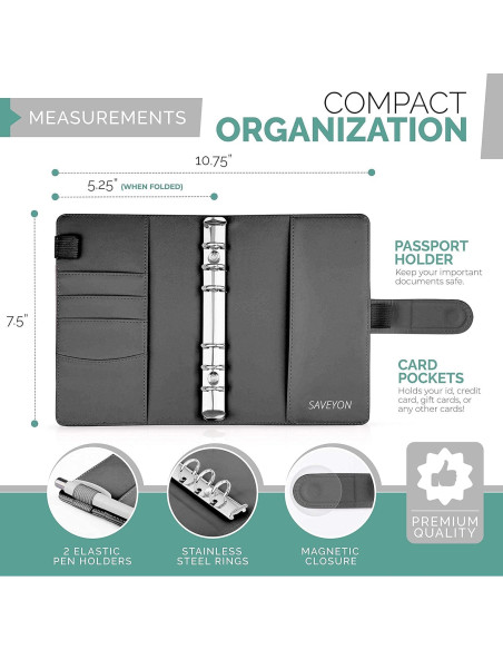 Carpeta de Presupuesto A6 Saveyon Negra con 12 Sobres Transparentes