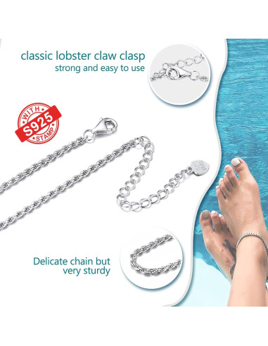 Pulsera de Tobillo de Plata Esterlina 925 Prosilver Ajustable 22-27 cm