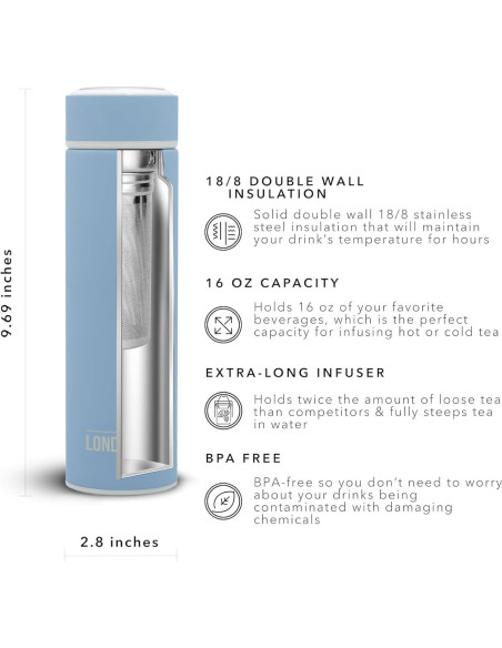 Botella Infusora de Té London Sip 500 ml Acero Inoxidable Azul