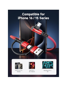 Cable USB C 100W JSAUX 2.0m Rojo Carga Rápida 3 en 1 2