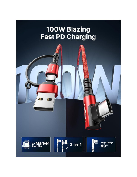 Cable USB C 100W JSAUX 2.0m Rojo Carga Rápida 3 en 1