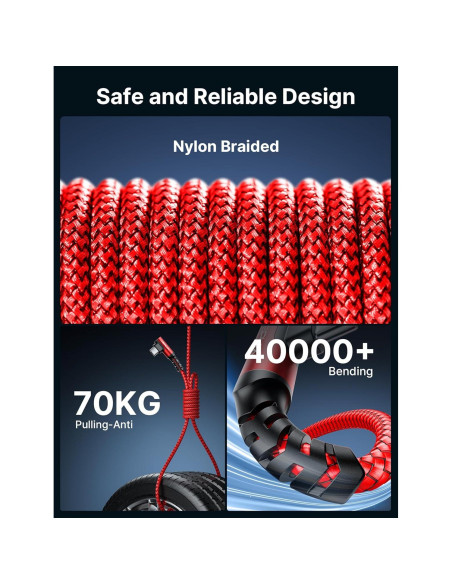 Cable USB C 100W JSAUX 2.0m Rojo Carga Rápida 3 en 1