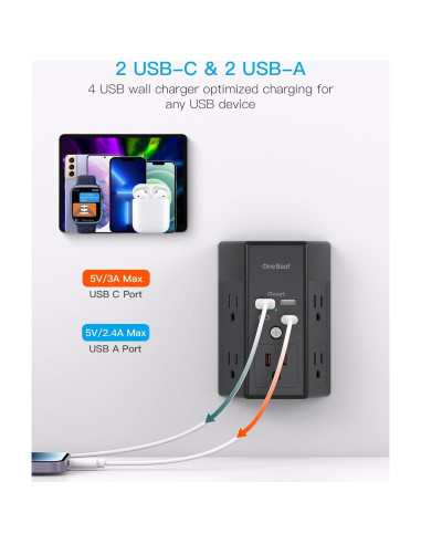 Multi Enchufe One Beat 5 Salidas 4 USB Carga Rápida 1800J