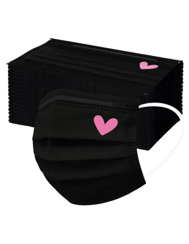 Mascarillas Desechables 50pcs 3 Capas Corazones Rosas y Negras