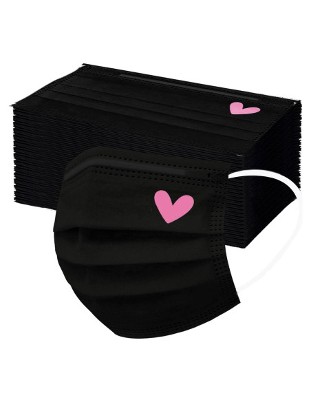 Mascarillas Desechables 50pcs 3 Capas Corazones Rosas y Negras