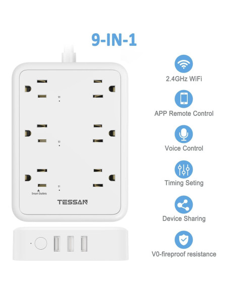 Regleta Inteligente TESSAN con 3 Enchufes y 3 USB 1.83m Regleta Inteligente TESSAN con 3 Enchufes y 3 USB 1.83m
