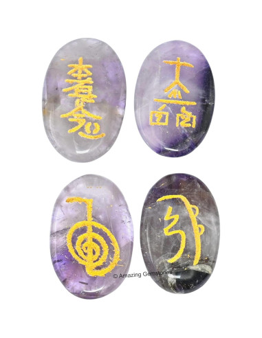 Set de 4 Piedras de Amatista Reiki con Símbolos Usui Grabados