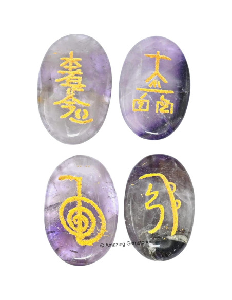Set de 4 Piedras de Amatista Reiki con Símbolos Usui Grabados