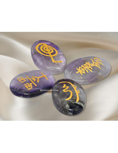 Set de 4 Piedras de Amatista Reiki con Símbolos Usui Grabados