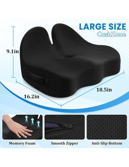 Cojín de Asiento CushZone Extra Grande Espuma Viscoelástica Negro