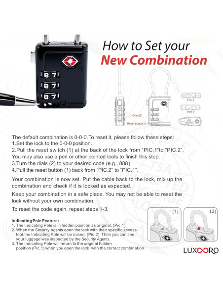 Candado de Equipaje LUXOORO TSA Combinación 3 Dígitos Negro Candado de Equipaje LUXOORO TSA Combinación 3 Dígitos Negro