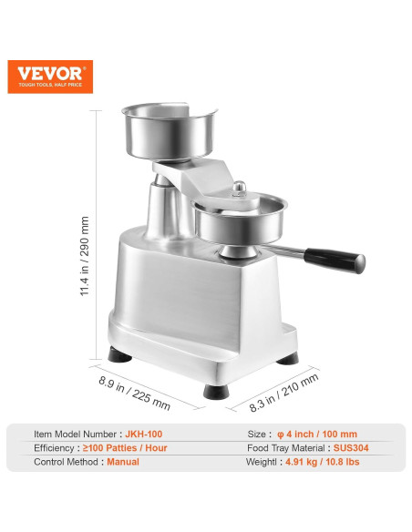 Prensa de Hamburguesas VEVOR 100mm Acero Inoxidable Comercial