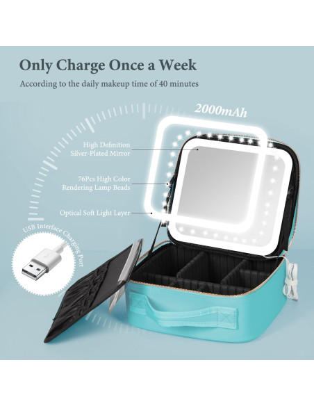 Bolsa de Maquillaje de Viaje Behaesty con Espejo LED Azul Aqua
