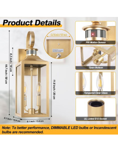 Luz Exterior con Sensor de Movimiento Yolsunes 50cm Oro IP65 2