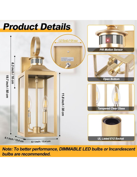 Luz Exterior con Sensor de Movimiento Yolsunes 50cm Oro IP65