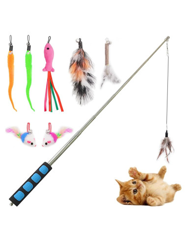 Polo de Pesca para Gatos Whefory con Pluma y Campana Azul