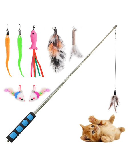 Polo de Pesca para Gatos Whefory con Pluma y Campana Azul