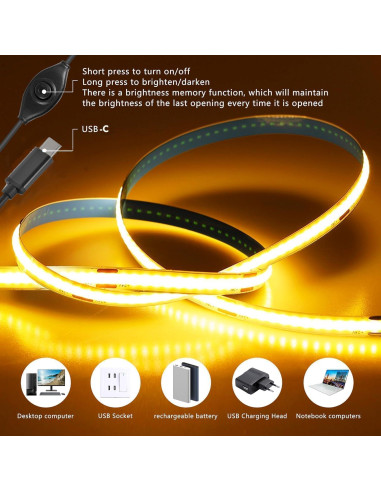 Tira de Luz LED COB 1M CUBITOR Regulable 5V USB Tipo-C 2700K