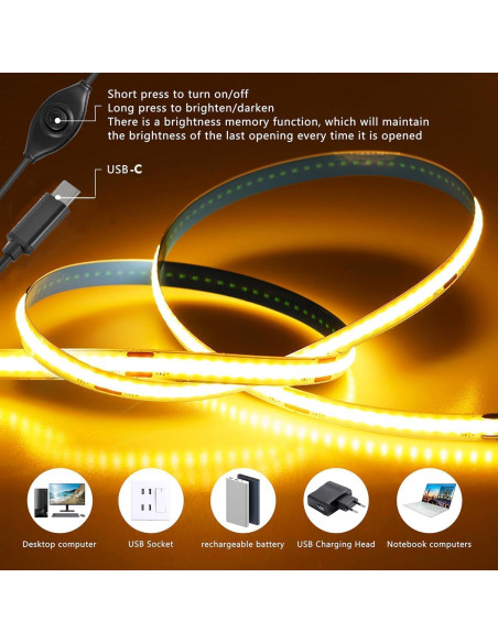 Tira de Luz LED COB 1M CUBITOR Regulable 5V USB Tipo-C 2700K