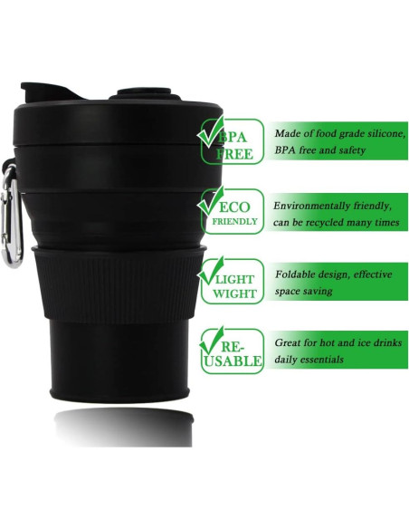 Taza de café plegable UNNESTAR 450ml silicona negra viaje Taza de café plegable UNNESTAR 450ml silicona negra viaje