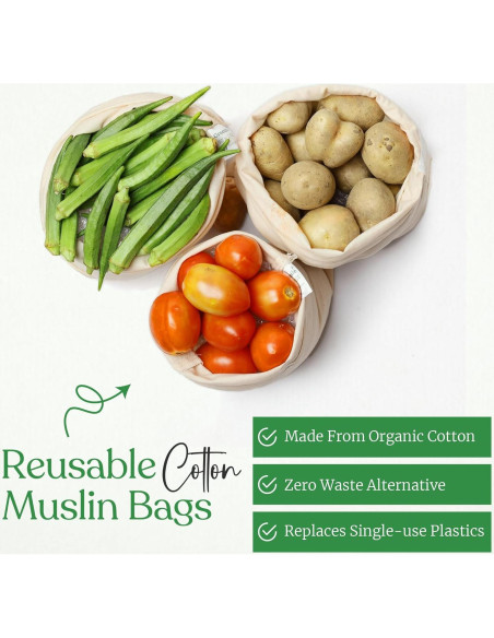 Bolsas de Muselina Reutilizables Greenmile - Algodón Orgánico - 9 Piezas Bolsas de Muselina Reutilizables Greenmile - Algodón Orgánico - 9 Piezas
