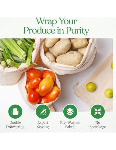 Bolsas de Muselina Reutilizables Greenmile - Algodón Orgánico - 9 Piezas