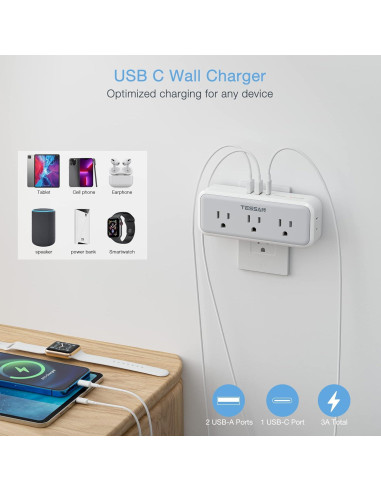 Extensor de Enchufe Múltiple TESSAN 5 Salidas 3 USB Cargador