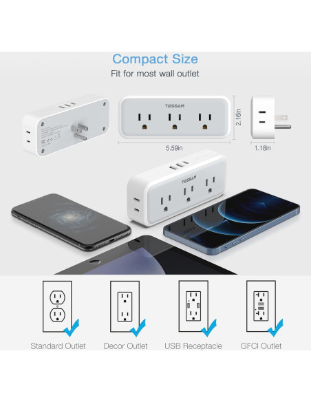 Extensor de Enchufe Múltiple TESSAN 5 Salidas 3 USB Cargador Extensor de Enchufe Múltiple TESSAN 5 Salidas 3 USB Cargador
