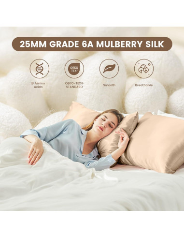 Funda de Almohada de Seda THXSILK 100% Morera 20x66cm Beige