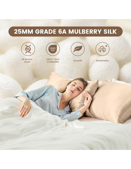 Funda de Almohada de Seda THXSILK 100% Morera 20x66cm Beige