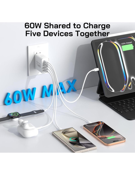 Cargador Rápido USB C 60W 5 Puertos Caniifoto + 2 Cables 2Pack