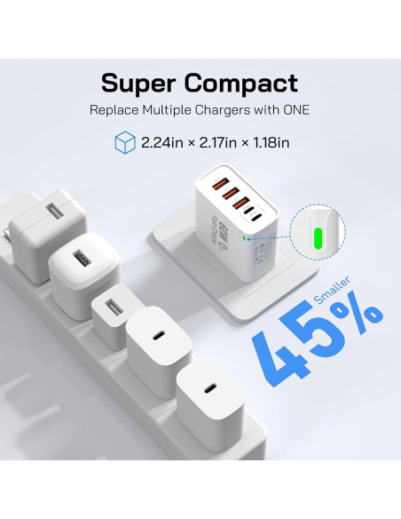 Cargador Rápido USB C 60W 5 Puertos Caniifoto + 2 Cables 2Pack