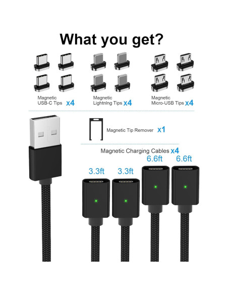 Cable de Carga Magnético ZBF 3A 4 Piezas 1-2 m USB-C Micro-USB