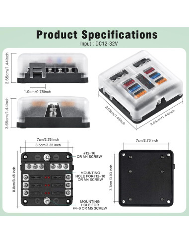 Bloque de Fusibles Marino 6 Vías Pautou 12V Impermeable LED