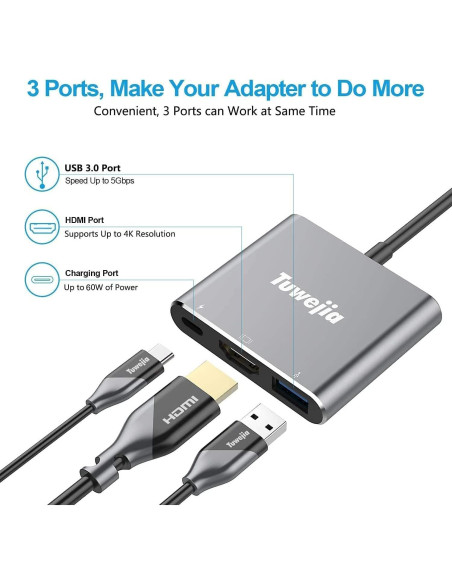 Adaptador Multiport USB C a HDMI Tuwejia 4K USB 3.0 Gris Adaptador Multiport USB C a HDMI Tuwejia 4K USB 3.0 Gris