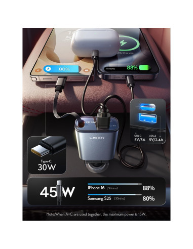 Cargador de Coche USB C LISEN 57W Retráctil para iPhone y Android
