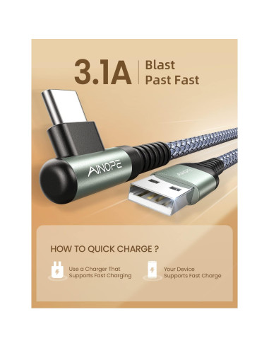 Cable USB C AINOPE 0.15m Cargador Rápido 3.1A Gris