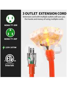 Cable de Extensión 12/3 POWGRN 1 Pie Naranja 3 Salidas 2
